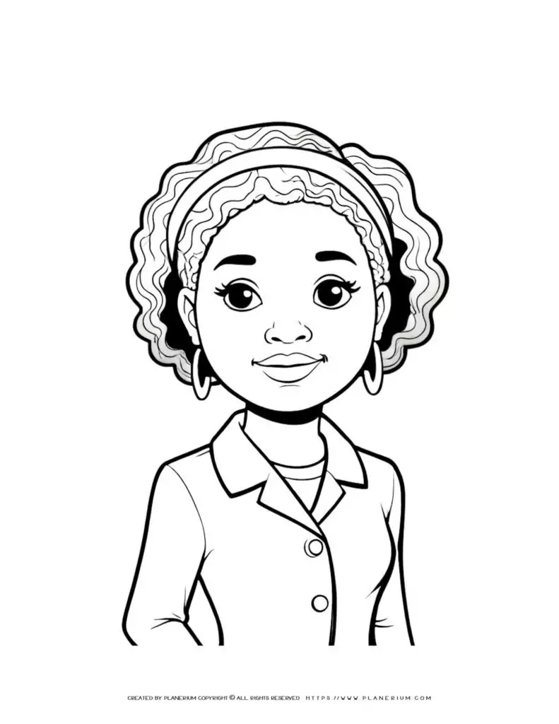 Black woman upper body coloring page illustration for adults and kids. Beautiful design for relaxation and creativity. Ideal for art therapy.