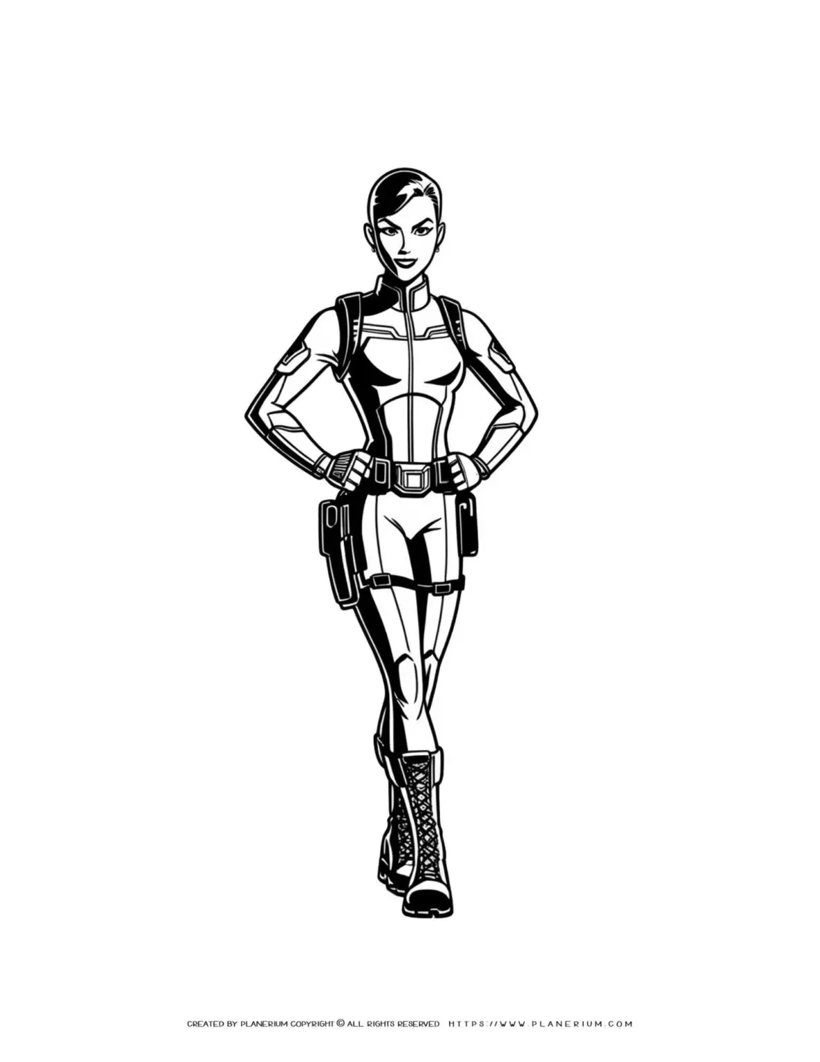 Comic female soldier standing illustration coloring page for kids and adults. Perfect for art projects and creative activities.