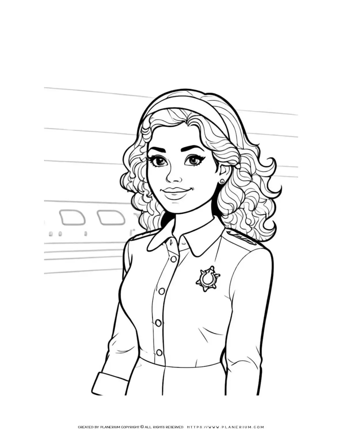 Comic flight attendant woman with curly hair coloring page in airplane. Fun and detailed illustration for kids and adults.