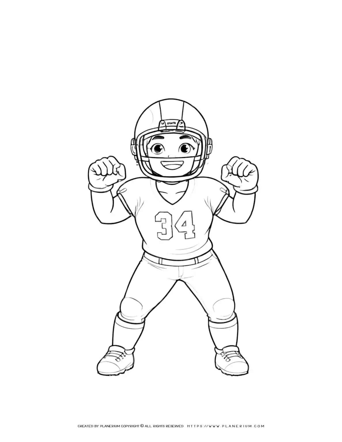 Comic football girl player with helmet standing full body coloring page. Perfect for sports enthusiasts and kids who love football.