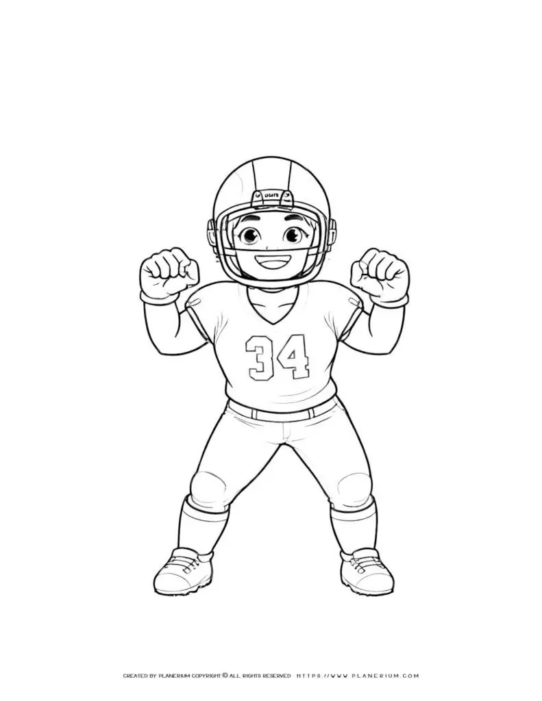Comic football girl player with helmet standing full body coloring page. Perfect for sports enthusiasts and kids who love football.