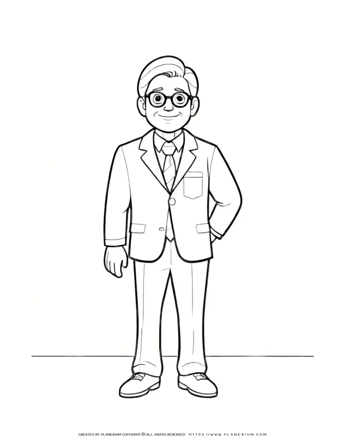 Comic man with glasses standing full body illustration coloring page. Perfect for kids and adults. Enjoy coloring this fun character design!