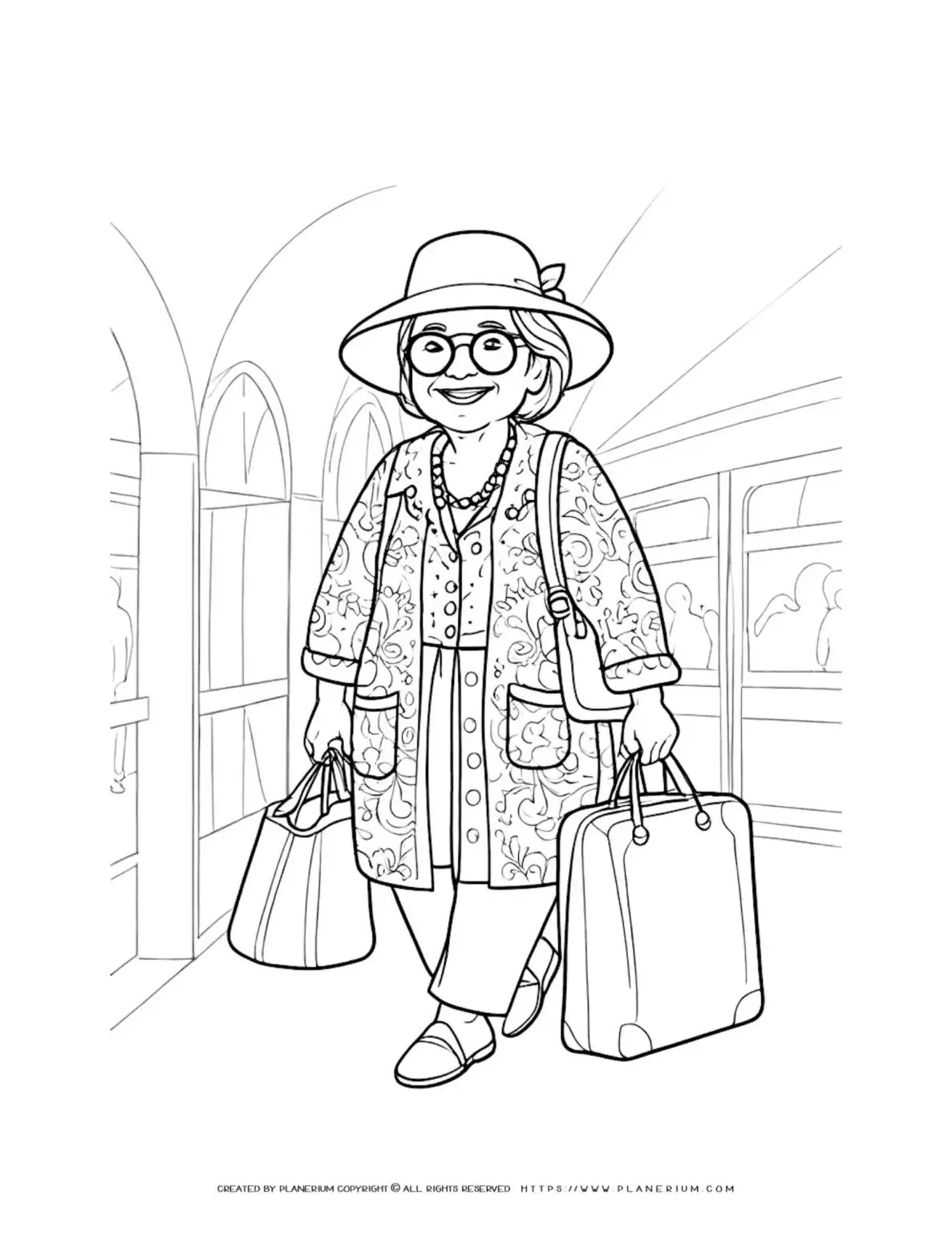 Comic old lady with big hat leaving train station with bags in hand. Fun coloring page for kids.