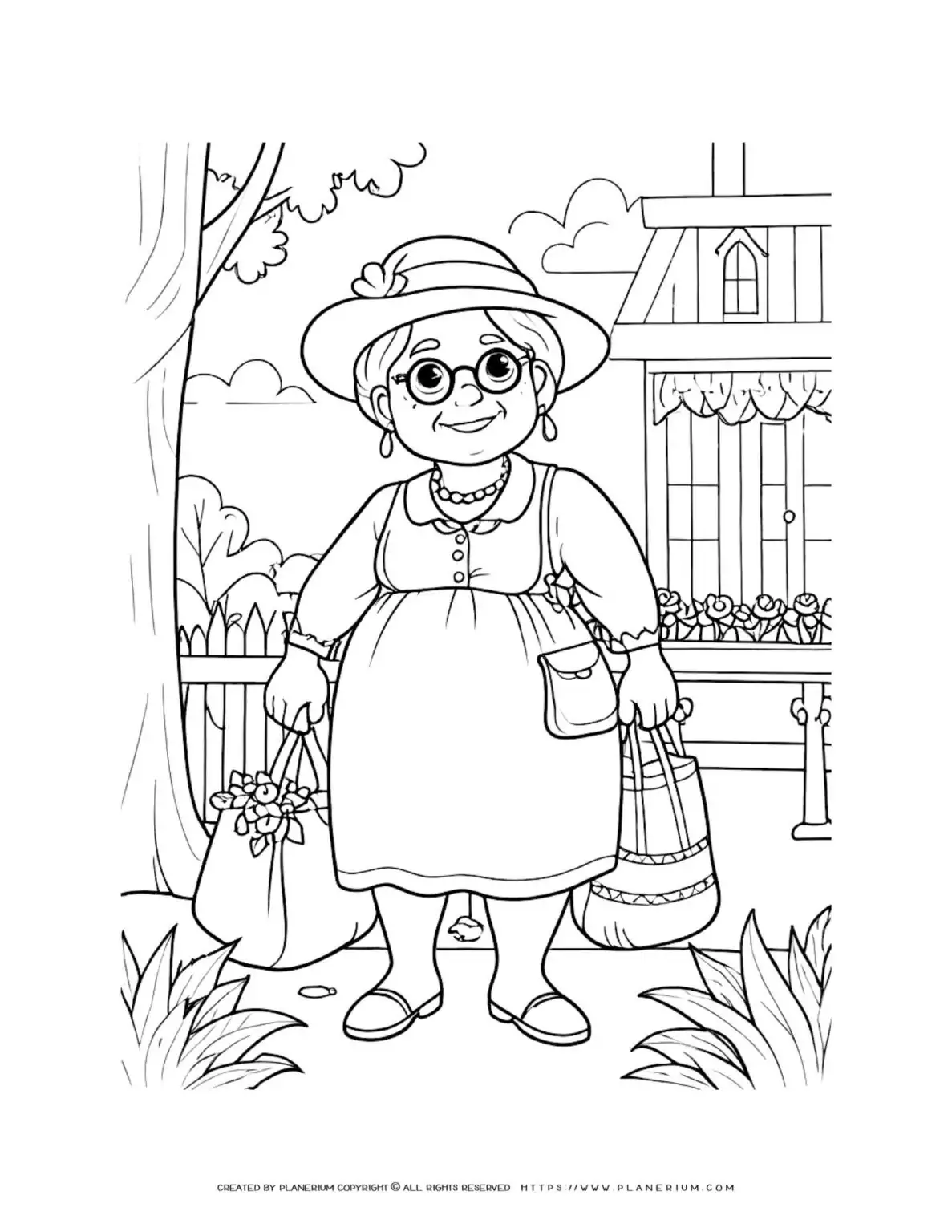 Comic old lady with glasses and hat holding a bag near a house. Fun coloring page for kids and adults. Great for art projects and relaxation.