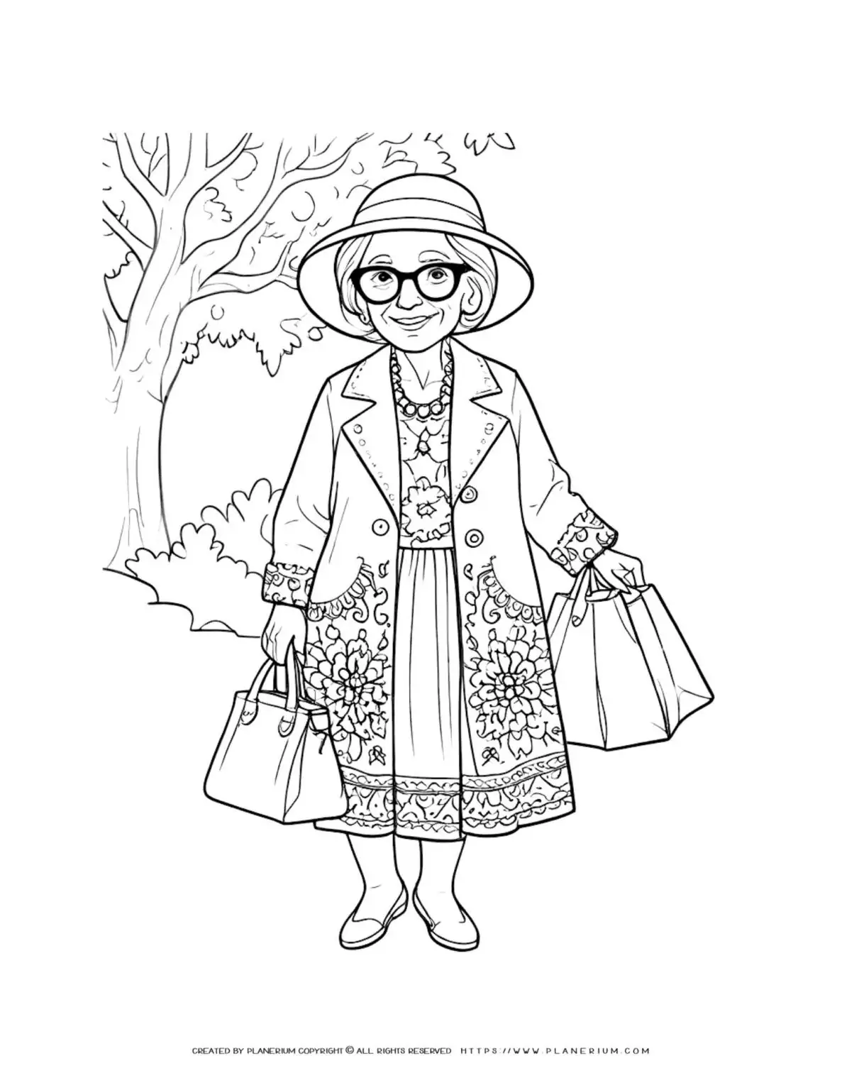 Comic old woman with a hat holding bags outside. Fun coloring page for seniors. Ideal for relaxation and stress relief. Great for all ages.