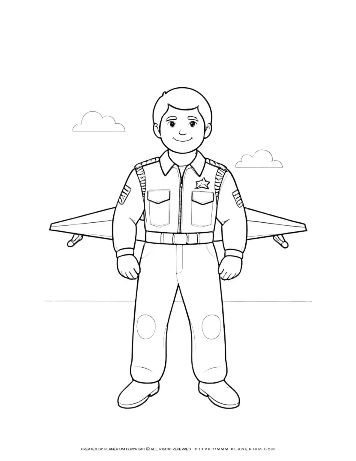 Comic pilot figure standing with airplane wings in the background. Fun coloring page for kids featuring a pilot and aircraft theme.