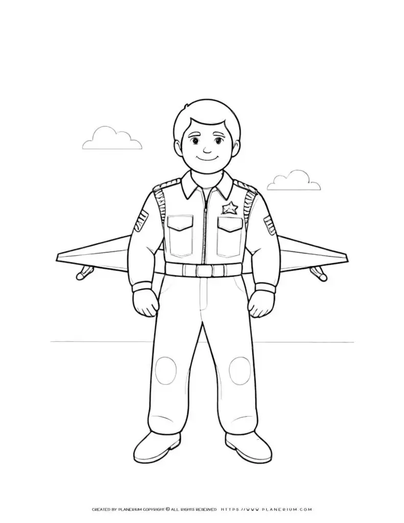 Comic pilot figure standing with airplane wings in the background. Fun coloring page for kids featuring a pilot and aircraft theme.