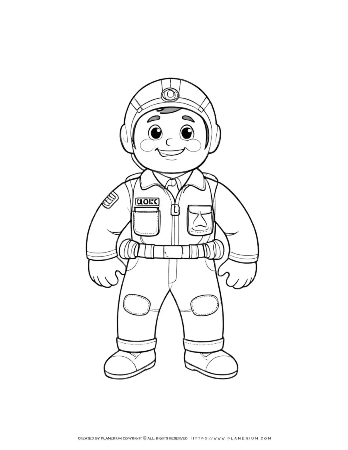 Comic pilot in full suit coloring page illustration for kids to print and color. Perfect for aviation enthusiasts and creative play.
