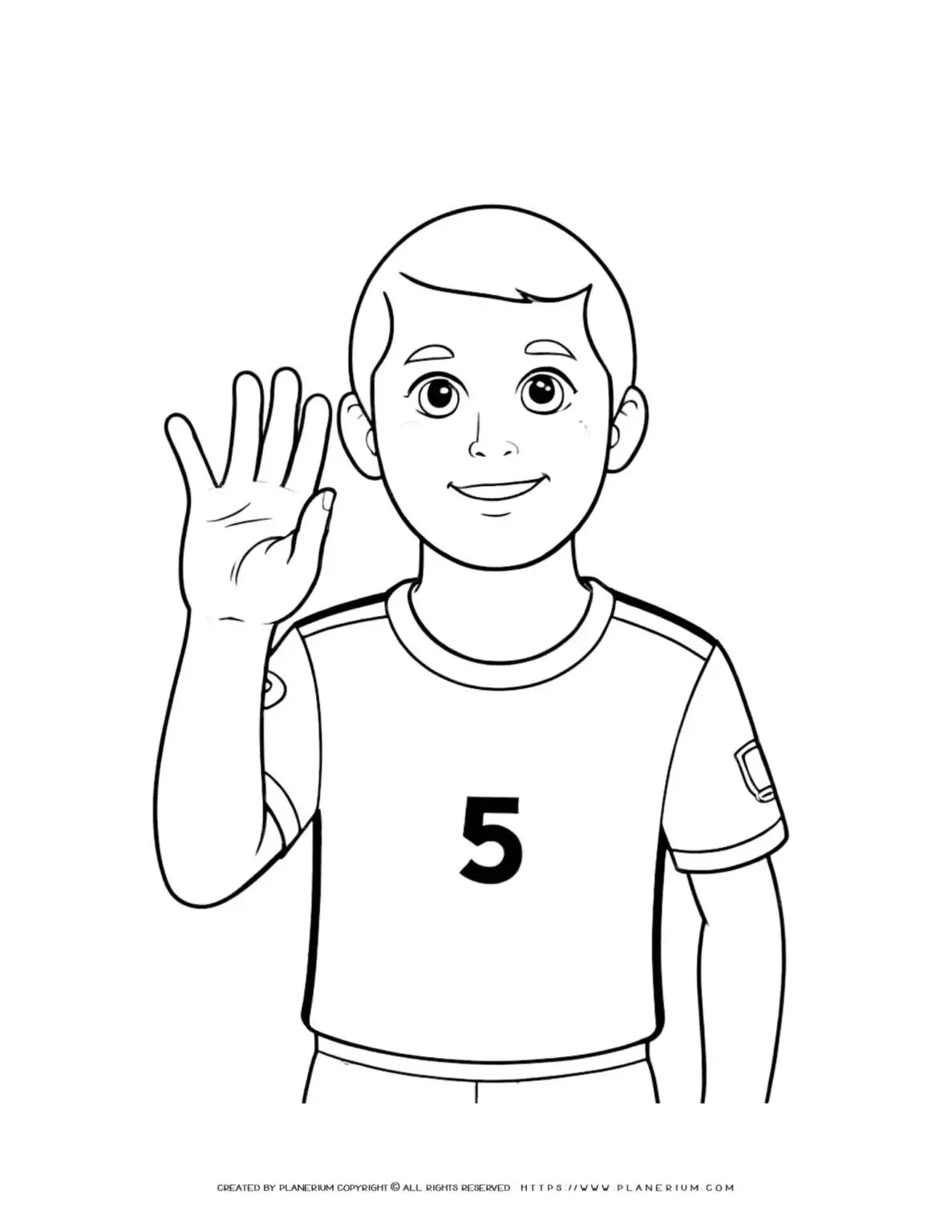 Comic soccer boy player raising hand in upper body illustration coloring page. Fun and engaging activity for kids.