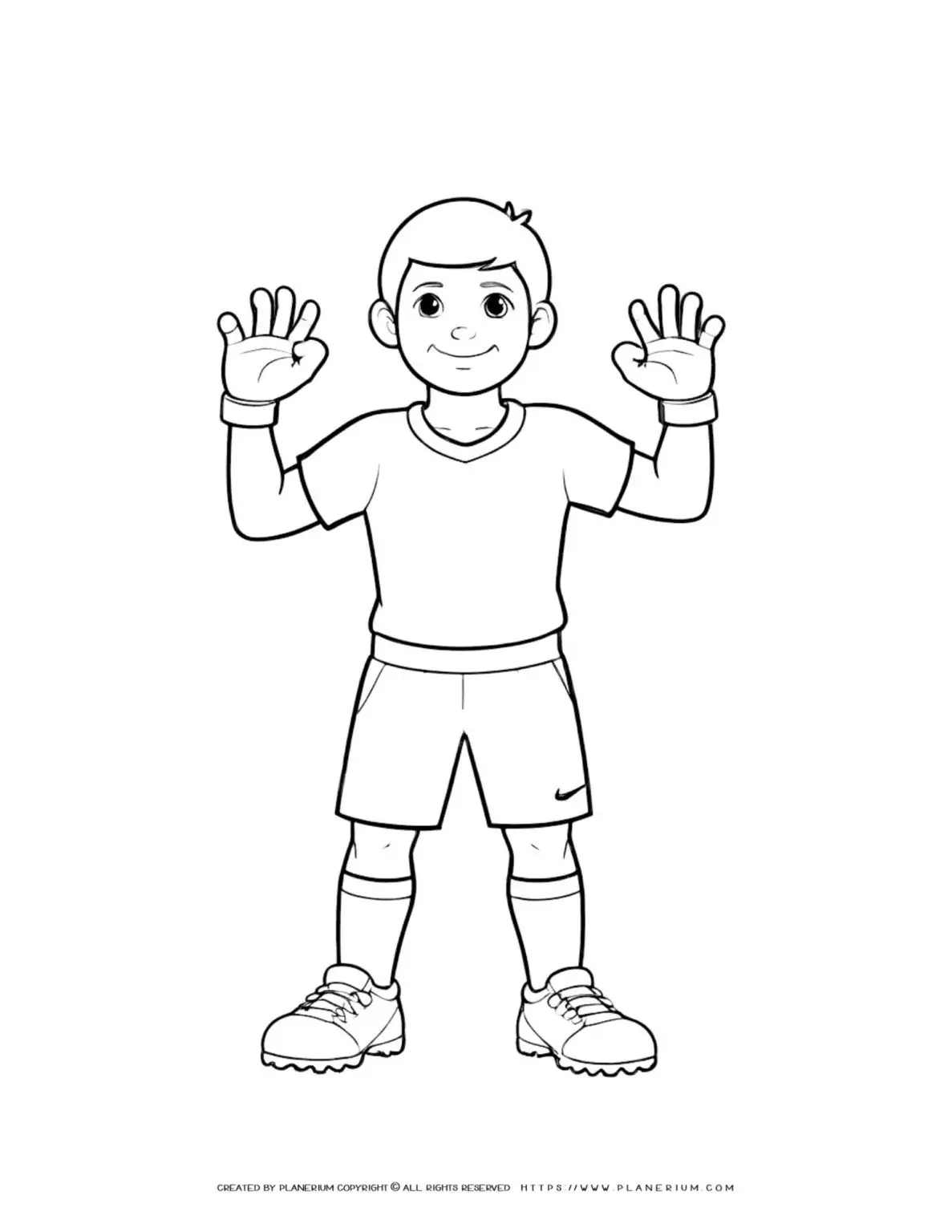 Soccer boy player coloring page with hands up, perfect for kids who love sports and comics. Ideal for coloring enthusiasts.
