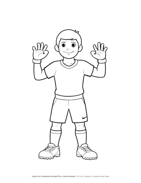 Soccer boy player coloring page with hands up, perfect for kids who love sports and comics. Ideal for coloring enthusiasts.