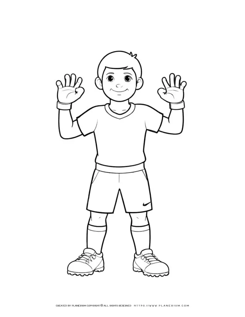 Soccer boy player coloring page with hands up, perfect for kids who love sports and comics. Ideal for coloring enthusiasts.