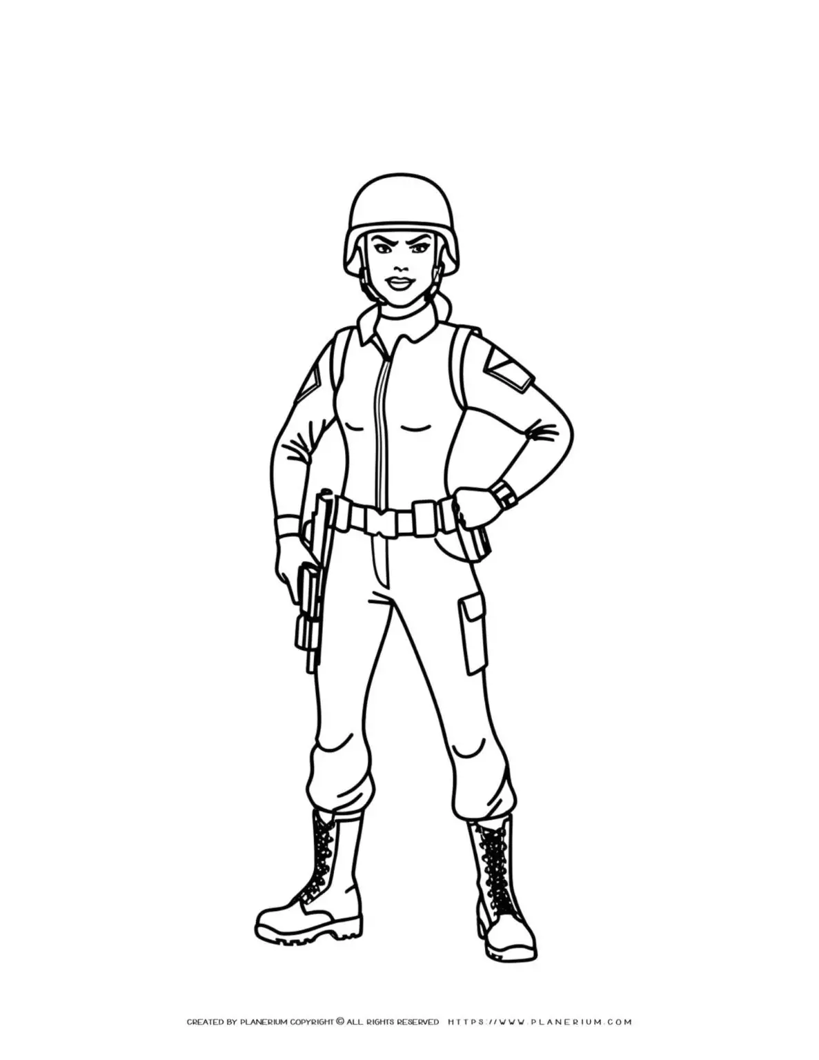 Comic woman soldier standing in coloring page illustration, perfect for kids and adults. Ideal for relaxation and creativity.