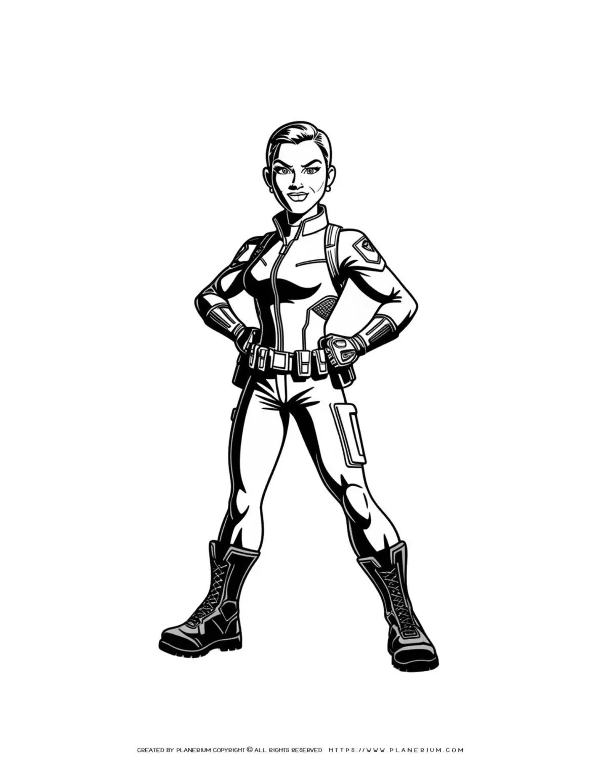 Comic woman soldier standing illustration coloring page for kids and adults. Perfect for art projects and relaxation.