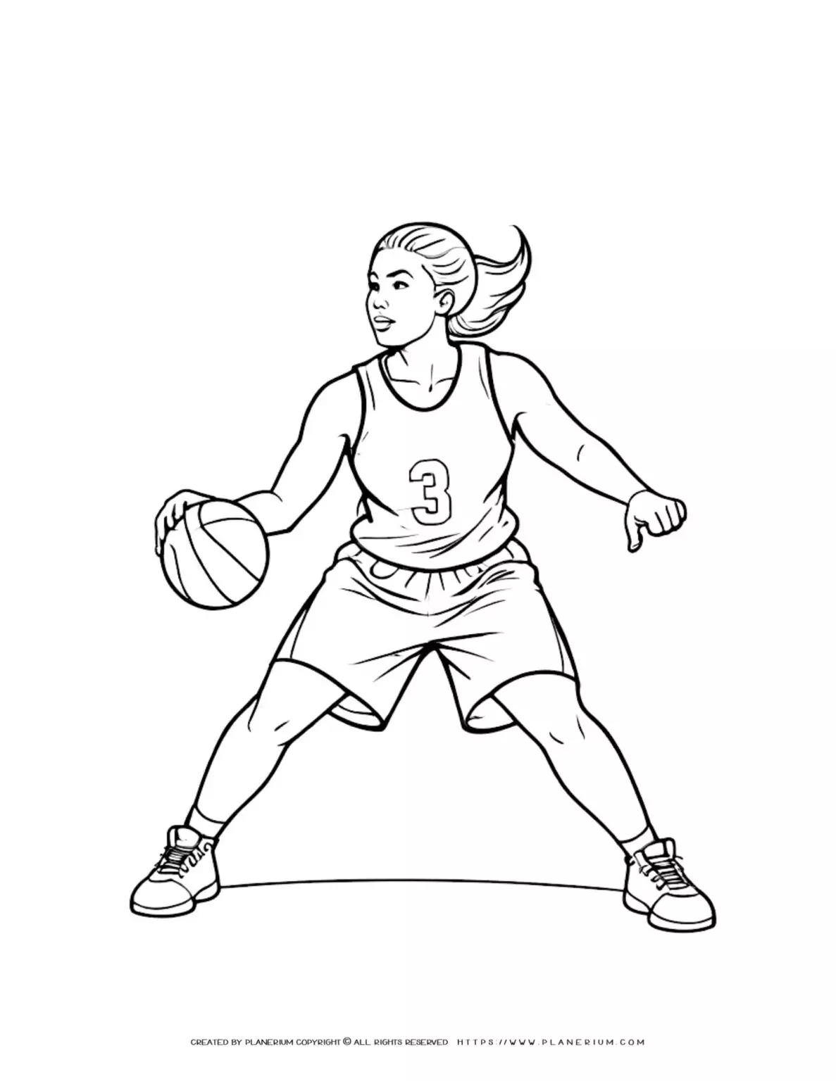 Female basketball player coloring page for sports enthusiasts. Perfect for kids and adults. Enjoy coloring this athletic design.