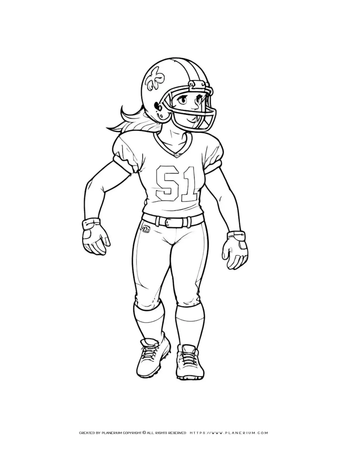 Comic style coloring page of a female football player wearing a helmet. Perfect for sports enthusiasts and kids.