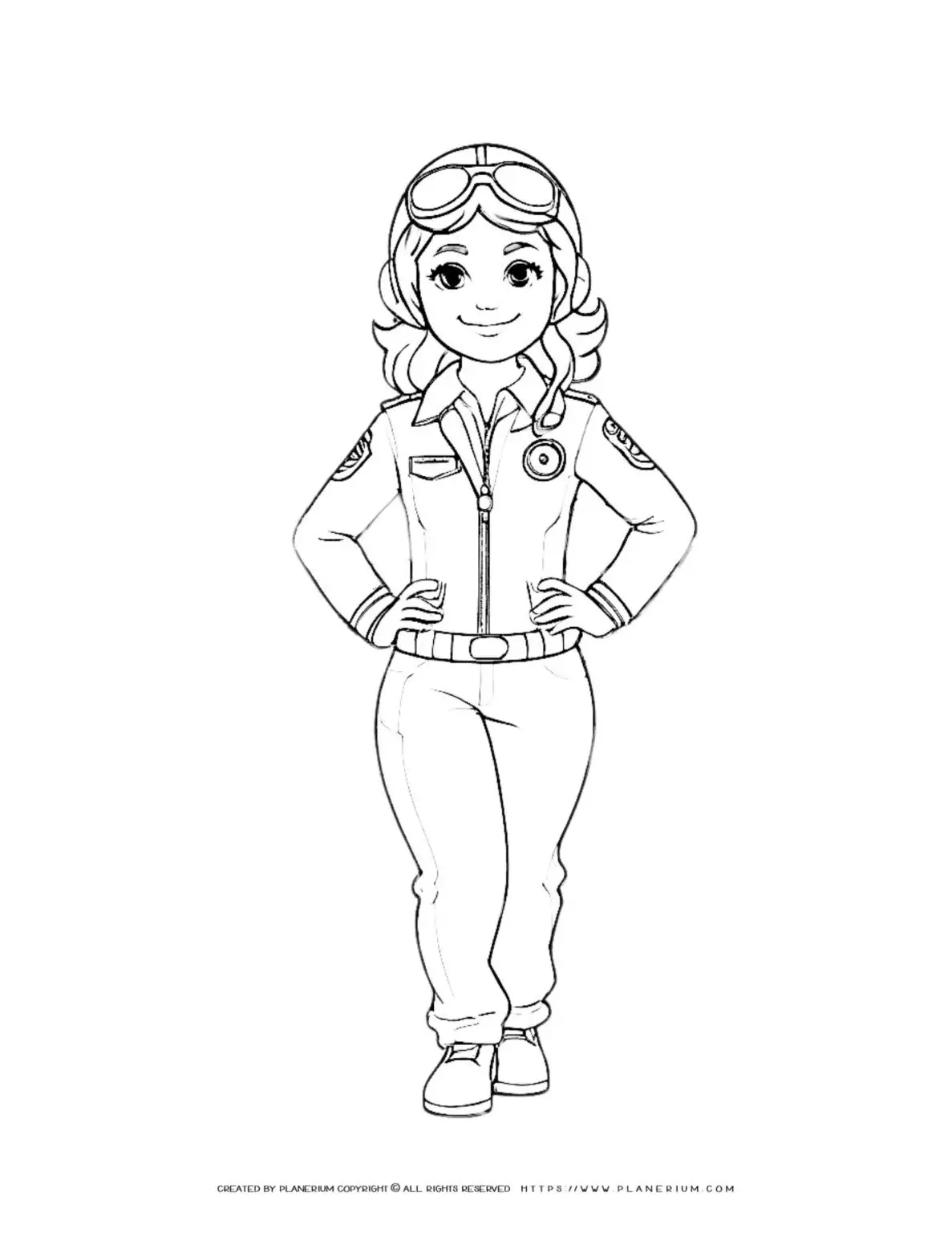 Female pilot coloring page in comic style uniform for kids. Perfect for aviation enthusiasts. Ideal for coloring enthusiasts.
