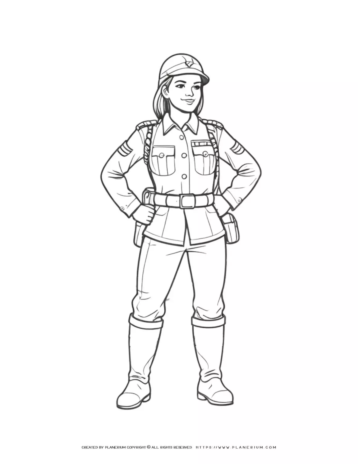 Female soldier in full uniform coloring page illustration for kids and adults. Perfect for patriotic and military-themed activities.
