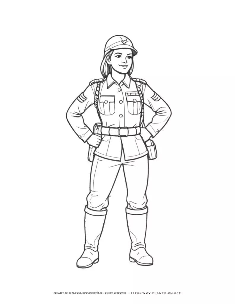 Female soldier in full uniform coloring page illustration for kids and adults. Perfect for patriotic and military-themed activities.