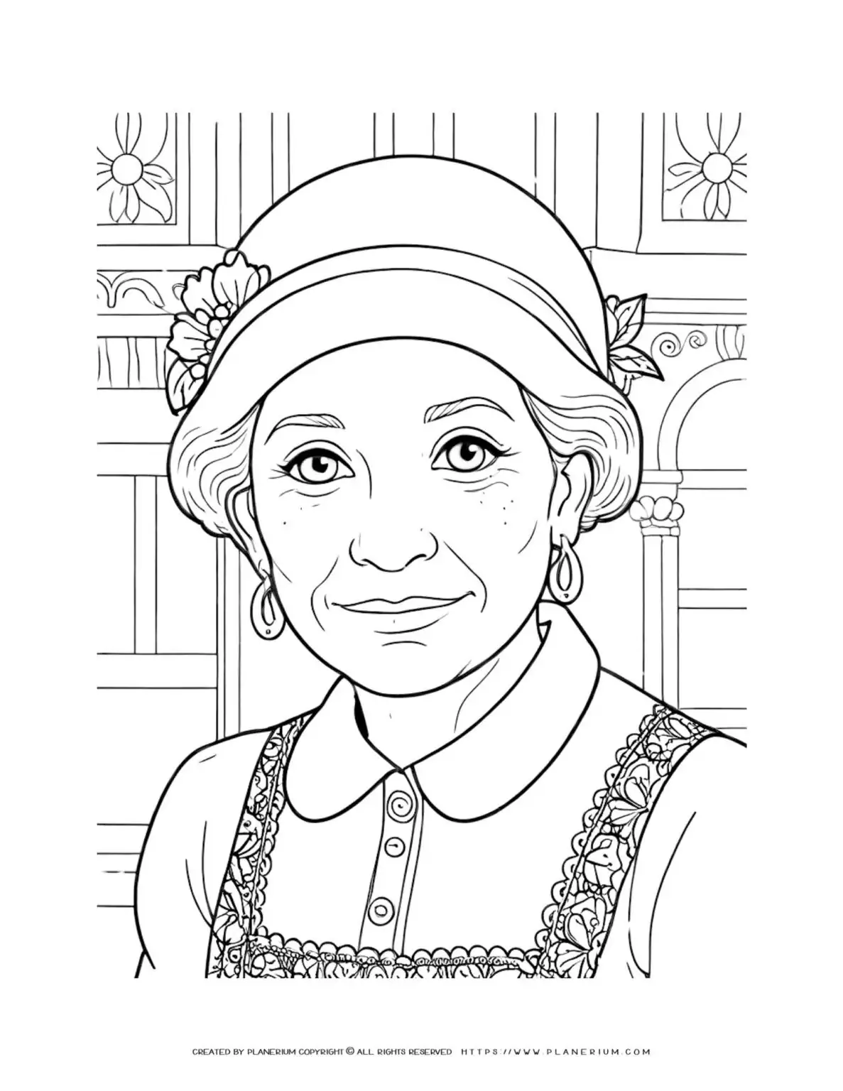 Old lady portrait coloring page with hat and front house background for a nostalgic and charming artistic experience.