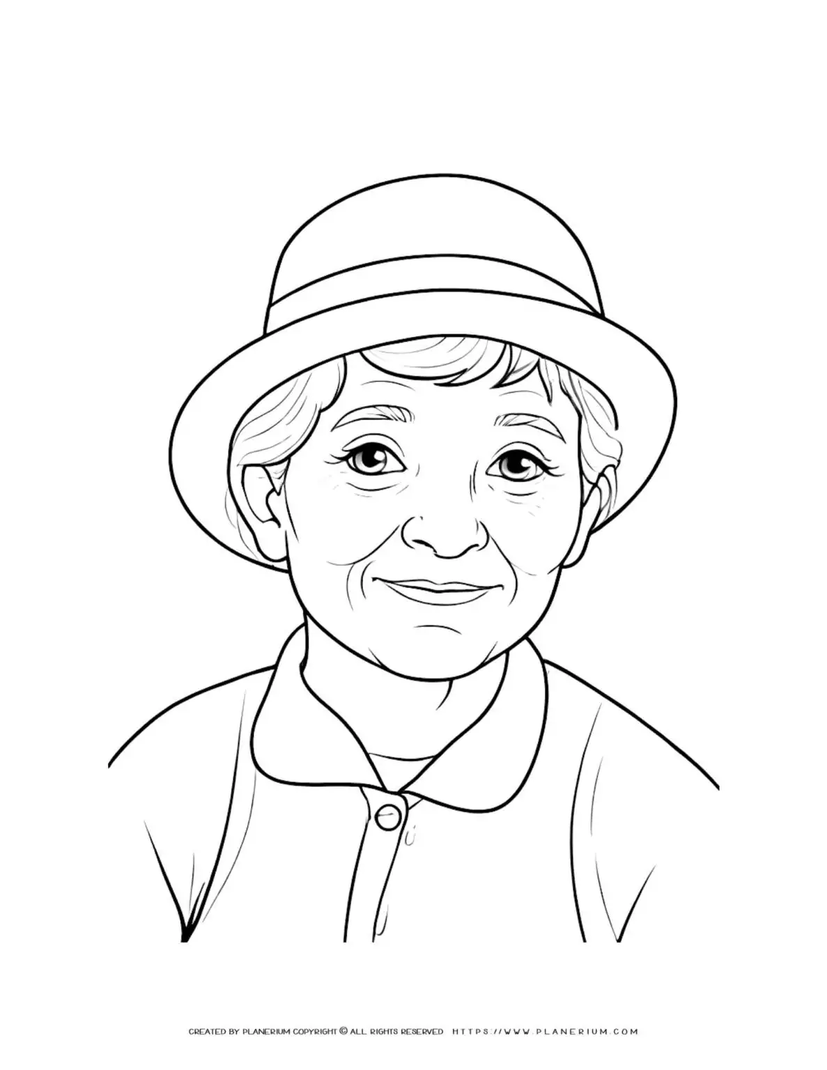Old lady portrait coloring page with hat drawing for adults and kids. Detailed design for relaxation and creativity. Perfect for art lovers.