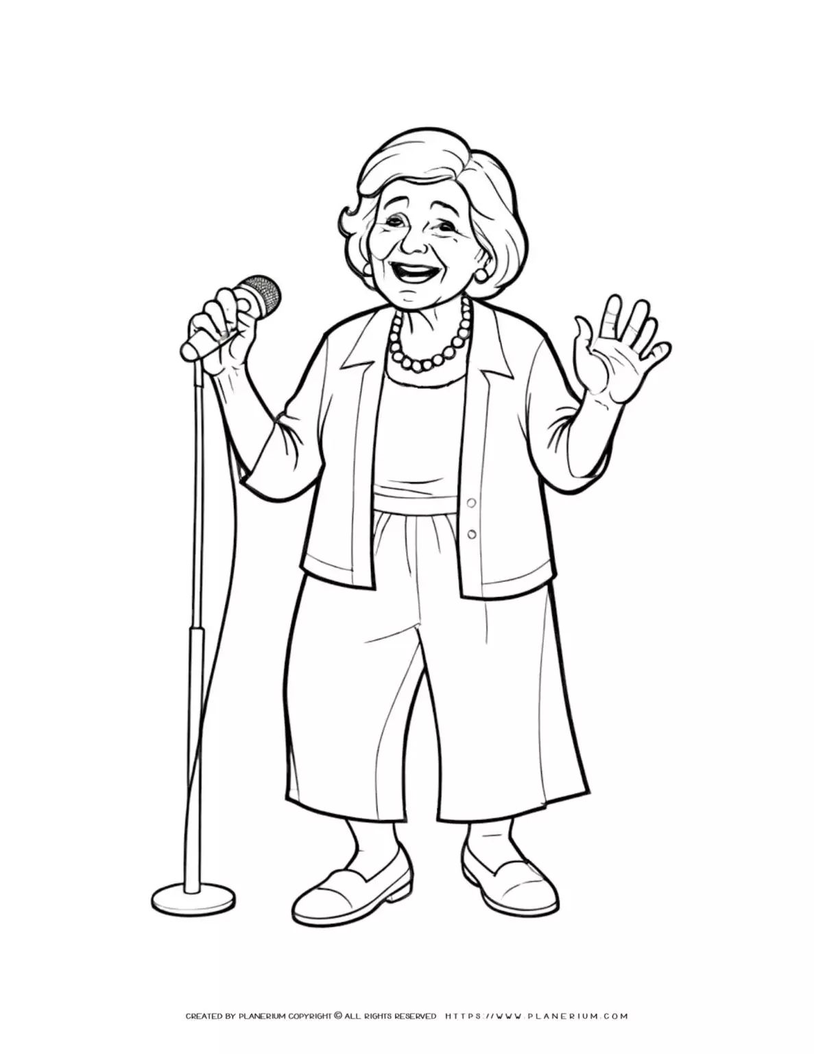 Old lady singing with standing microphone coloring page for adults and kids. Detailed design perfect for art therapy and relaxation.