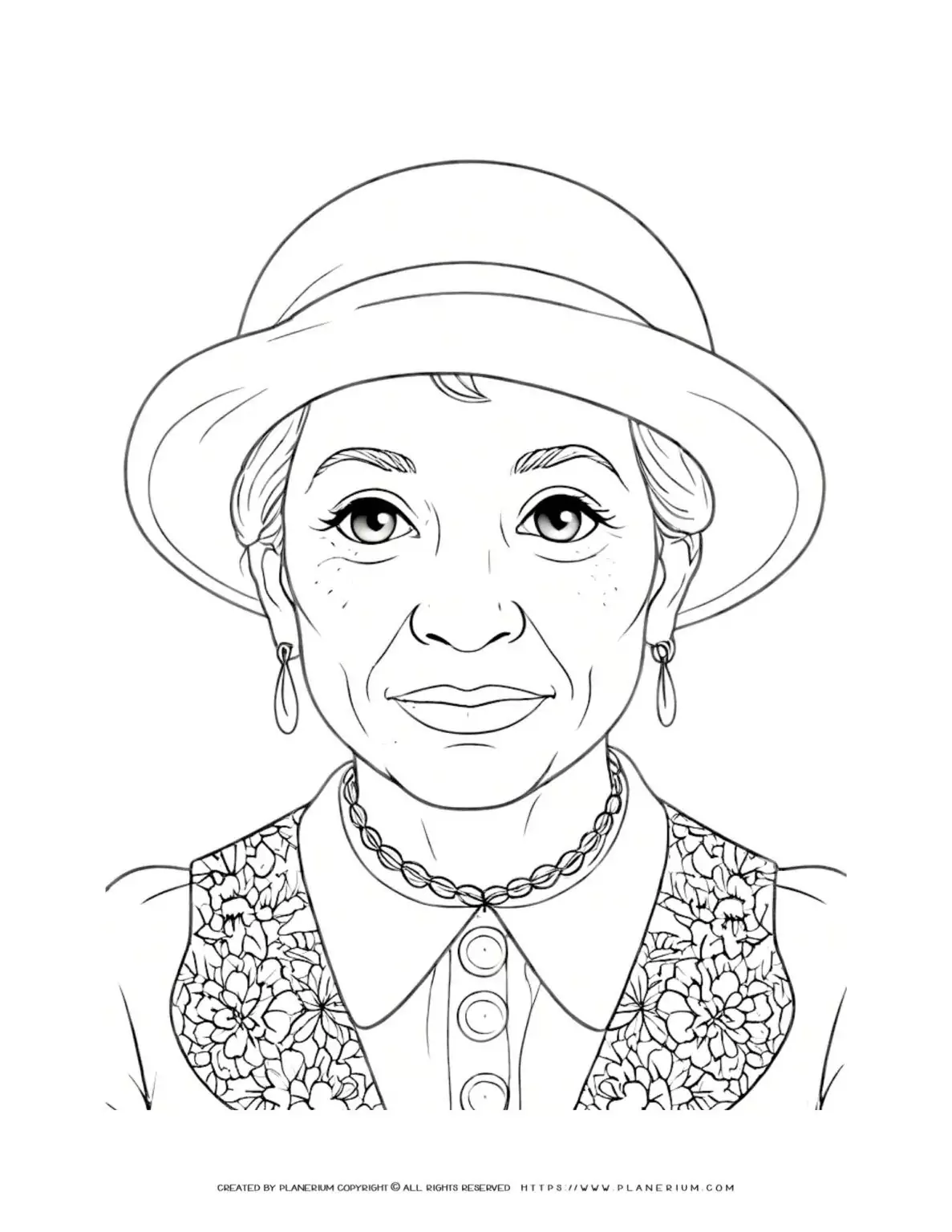 Old woman portrait coloring page with hat in front view, perfect for adults and kids. Enjoy coloring this detailed illustration.