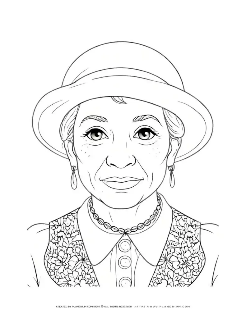 Old woman portrait coloring page with hat in front view, perfect for adults and kids. Enjoy coloring this detailed illustration.