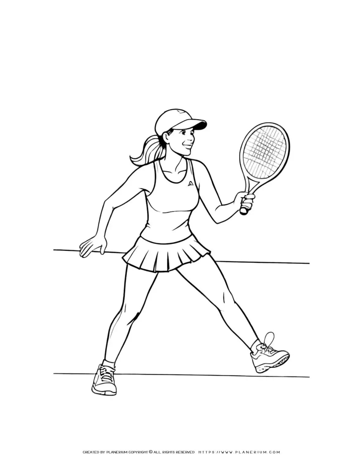 Tennis player coloring page featuring a woman in a hat with a tennis racket. Fun and engaging activity for kids and sports enthusiasts.