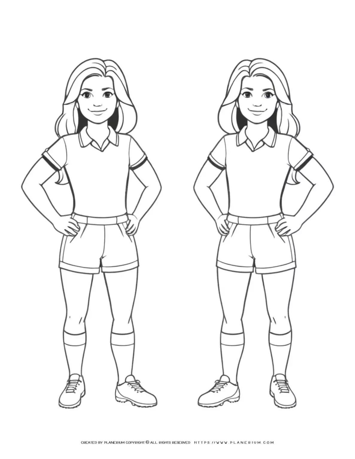 Two identical women soccer players standing side by side illustration for coloring page.