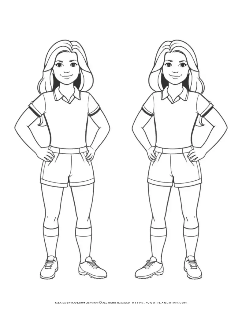 Two identical women soccer players standing side by side illustration for coloring page.