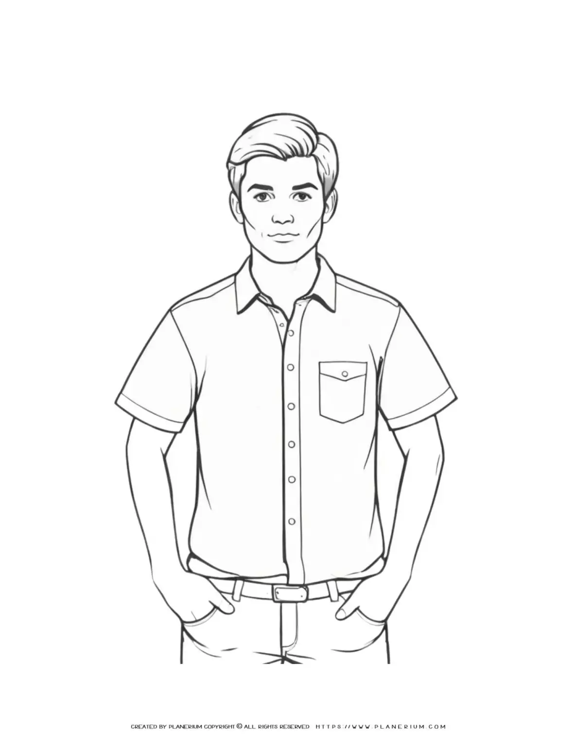 Young male torso coloring page with hands in jeans pockets. Perfect for art projects and creative activities. Ideal for kids and adults.