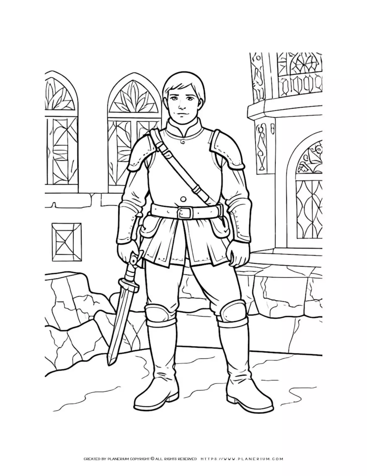 Young squire in castle courtyard medieval scene coloring page for kids, featuring a brave knight in armor. Perfect for imaginative play and learning about history.
