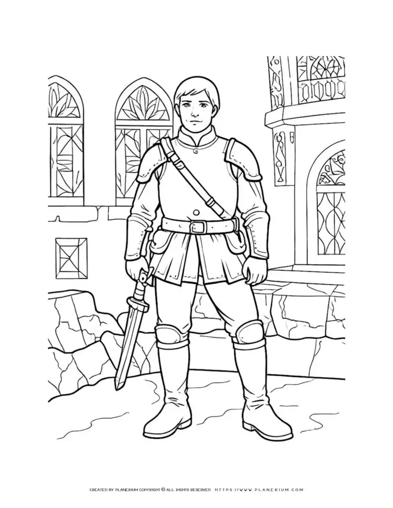 Young squire in castle courtyard medieval scene coloring page for kids, featuring a brave knight in armor. Perfect for imaginative play and learning about history.