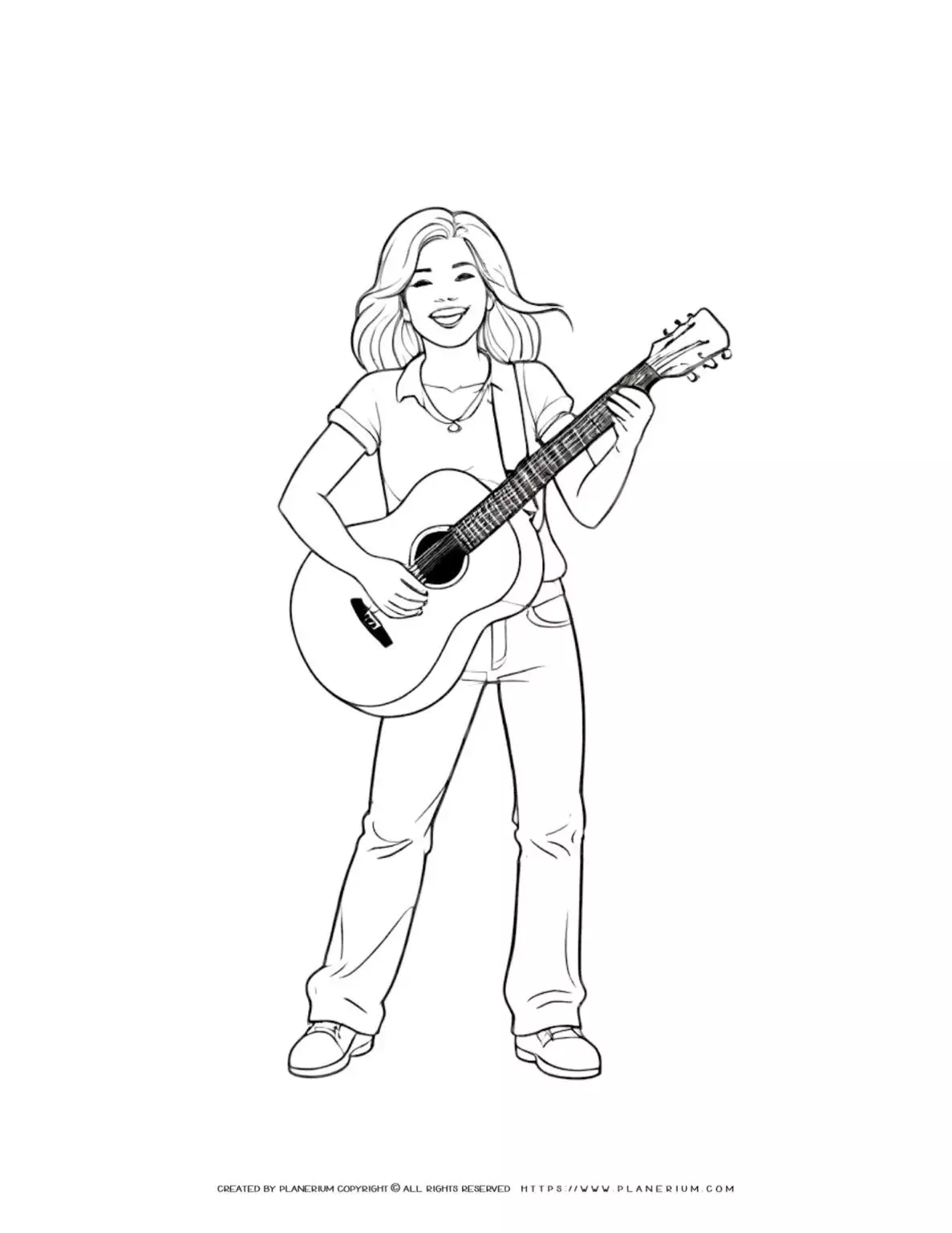 Young woman playing guitar coloring page for music lovers. Enjoy coloring this detailed illustration of a talented musician in action.