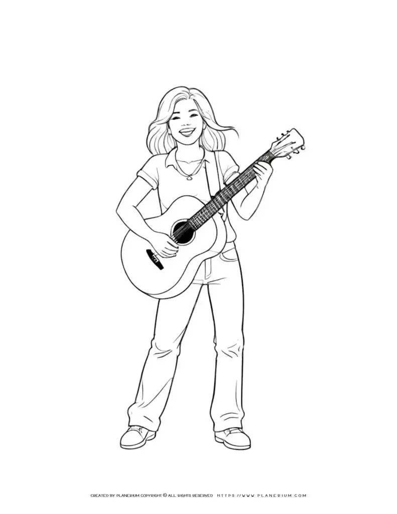 Young woman playing guitar coloring page for music lovers. Enjoy coloring this detailed illustration of a talented musician in action.