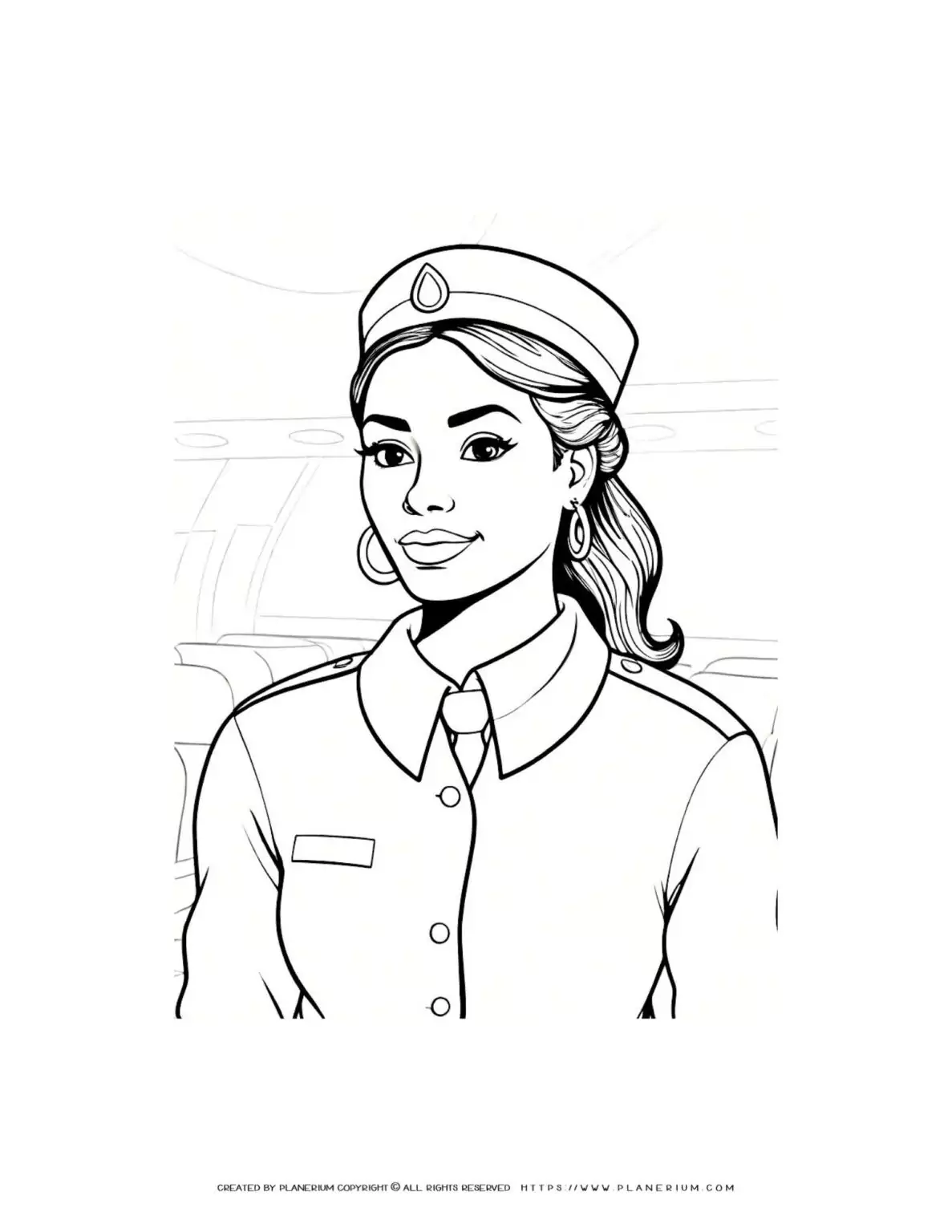 Comic flight attendant coloring sheet in airplane setting. Ideal for kids and aviation enthusiasts. Perfect for creative activities and learning about air travel.