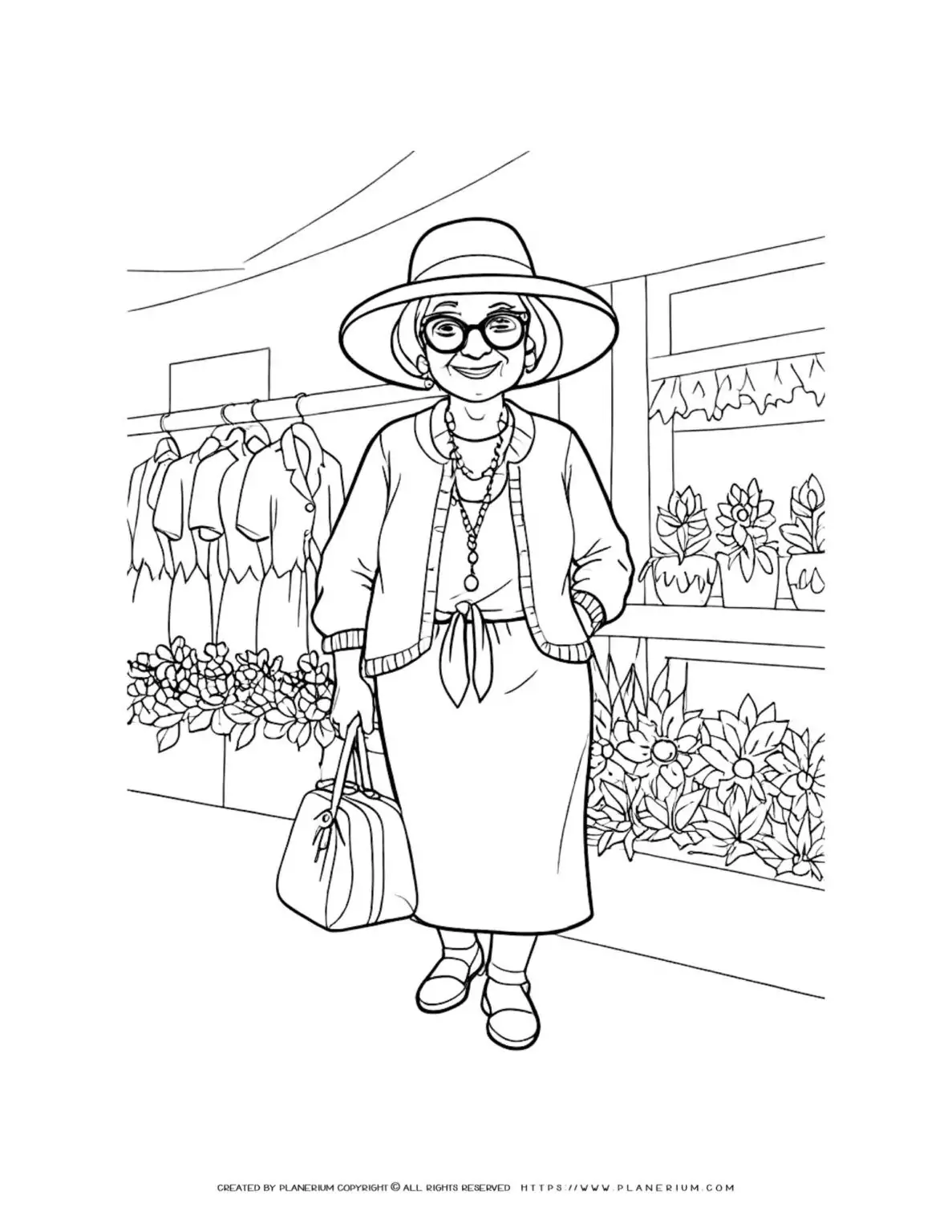 Comic happy old lady with hat holding bag in shop coloring sheet. Fun and detailed design for all ages to enjoy.