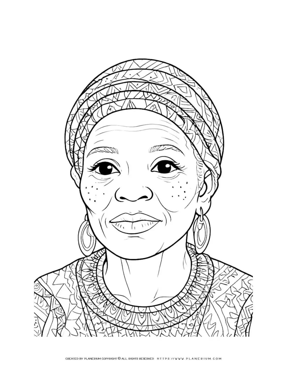 Black elderly woman's face portrait coloring sheet for adults. Detailed design with intricate patterns. Perfect for relaxation and stress relief.