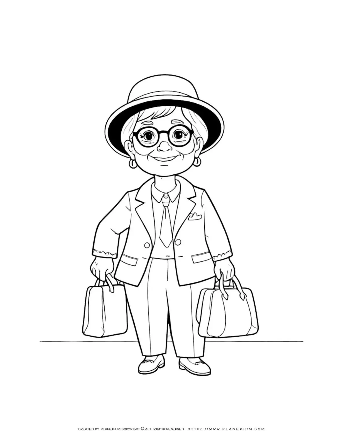 Comic old lady with glasses and hat holding bags, perfect for coloring. Fun and detailed illustration for all ages.