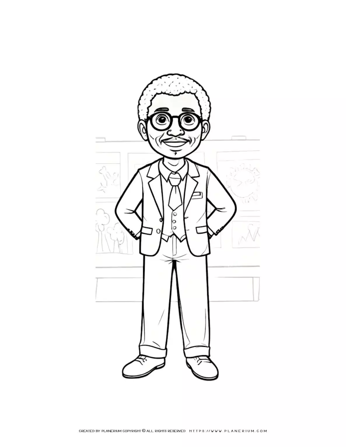 African male comic character in suit and glasses standing with hands behind back. Outline coloring page for creative fun.