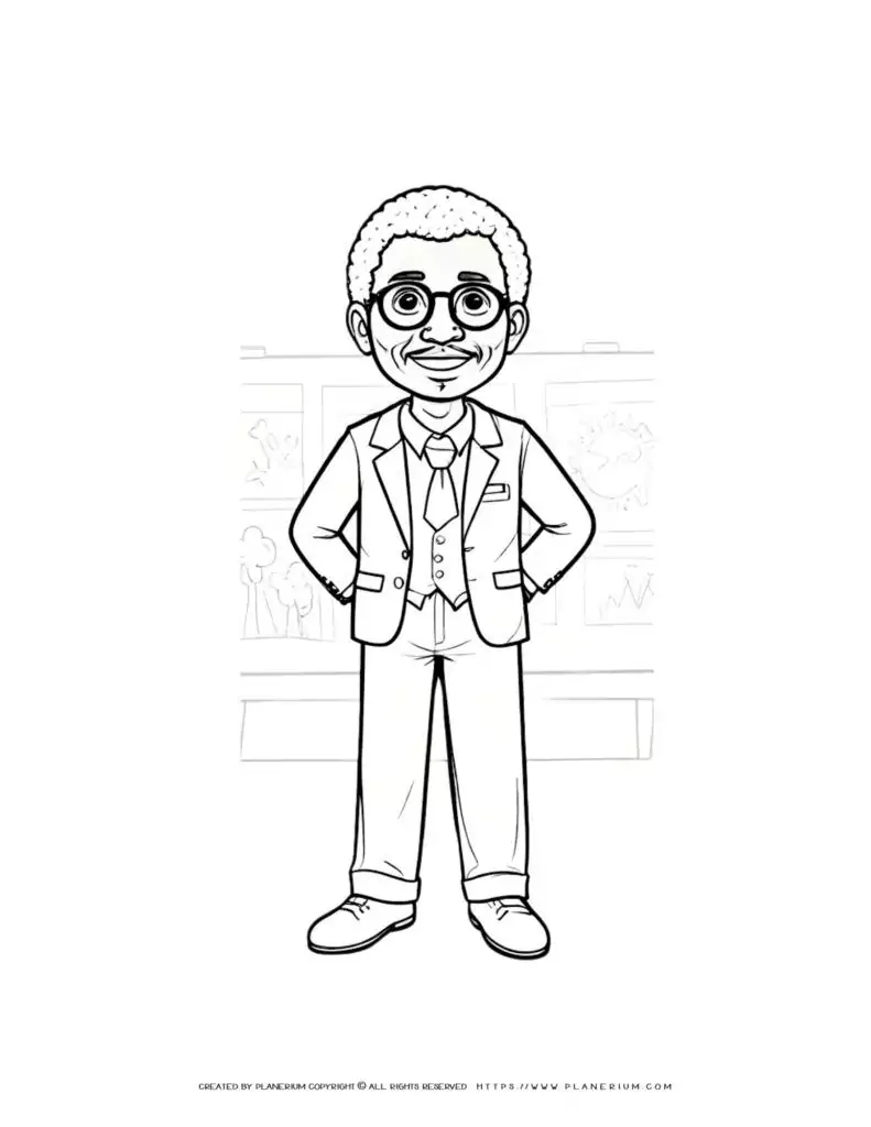 African male comic character in suit and glasses standing with hands behind back. Outline coloring page for creative fun.