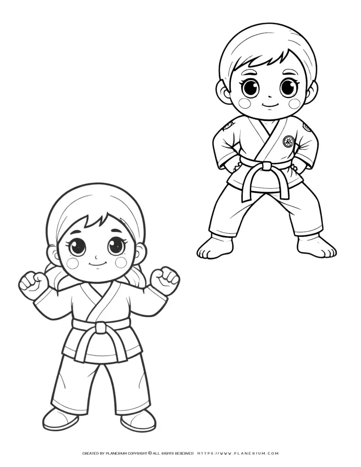 Karate boy and girl in comic-style suits, outline illustration for martial arts training.