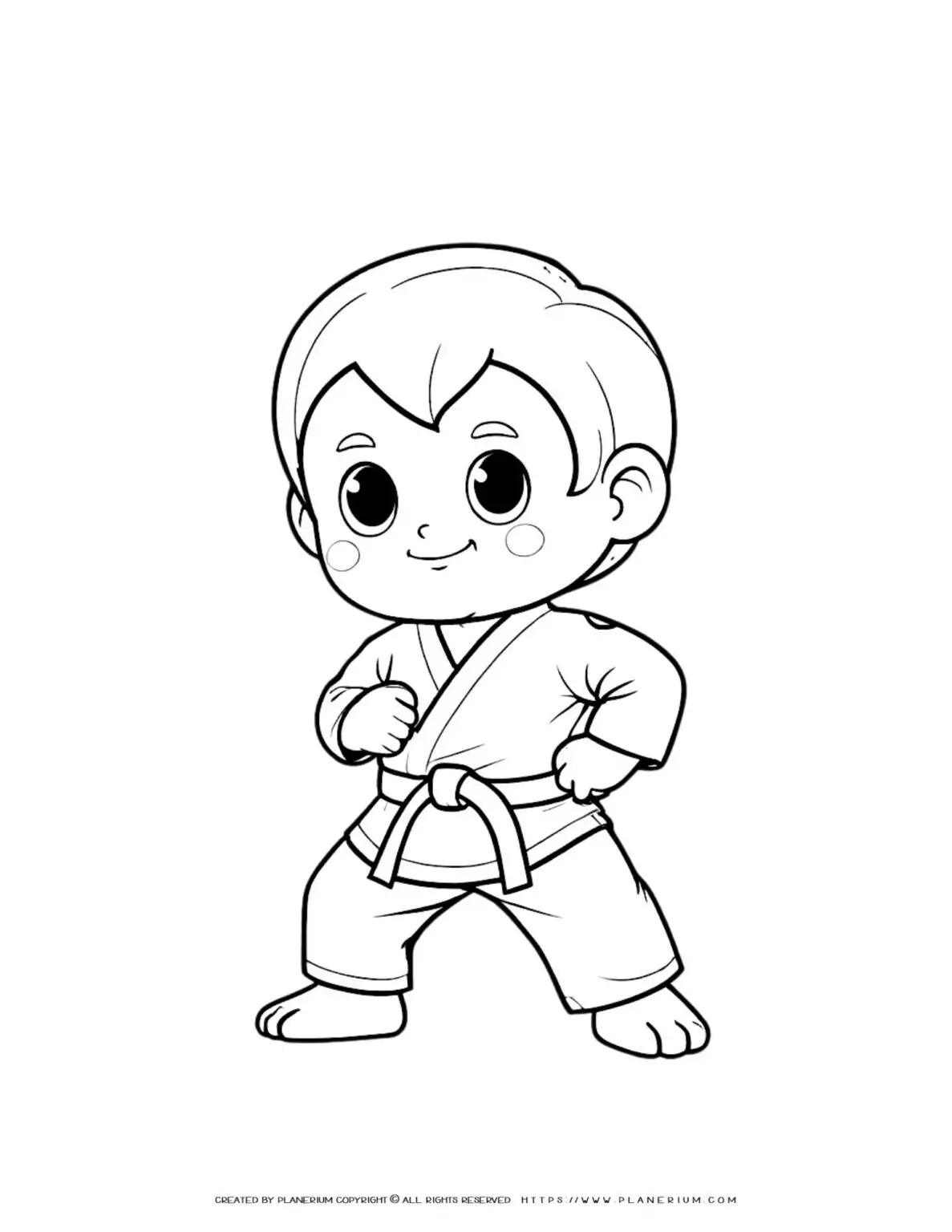 Karate pose coloring page featuring a comic boy illustration. Fun and engaging activity for kids. Ideal for developing creativity and fine motor skills.