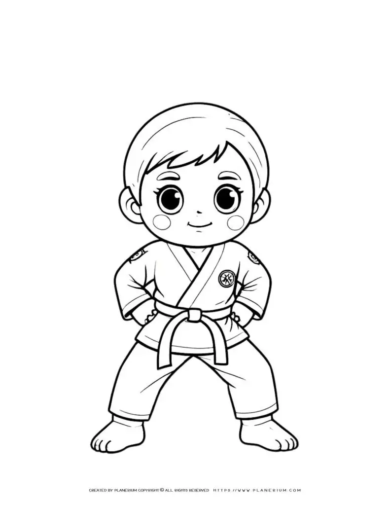 Karate boy coloring page illustration featuring a young comic character in a karate suit. Ideal for kids activities and martial arts enthusiasts.