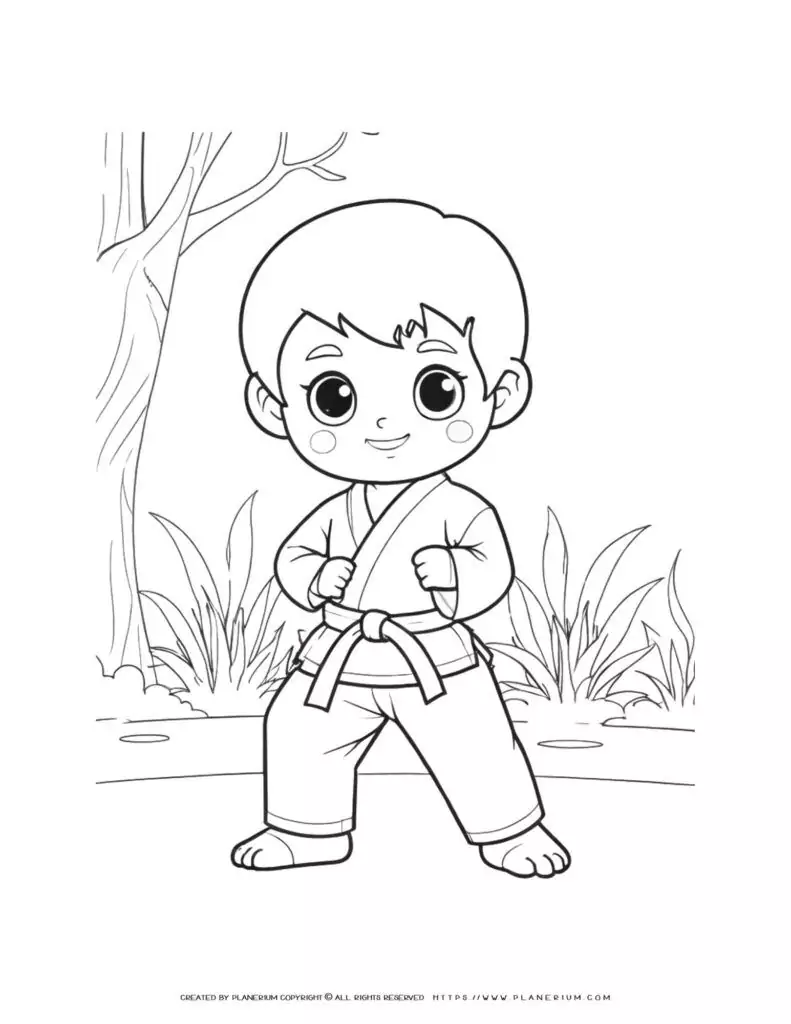 Karate boy coloring page featuring a young martial artist in nature. Ideal for kids who love comics and martial arts.