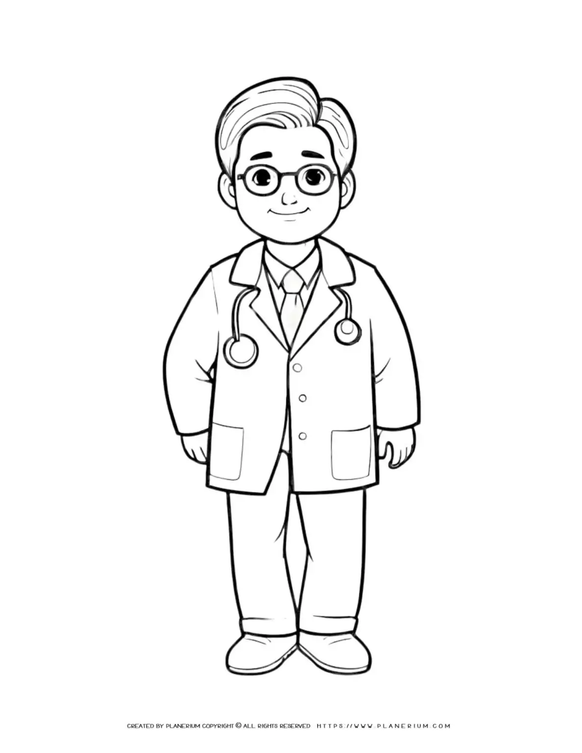 Comic doctor character with glasses standing outline coloring page for kids. Perfect for creative activities and entertainment.