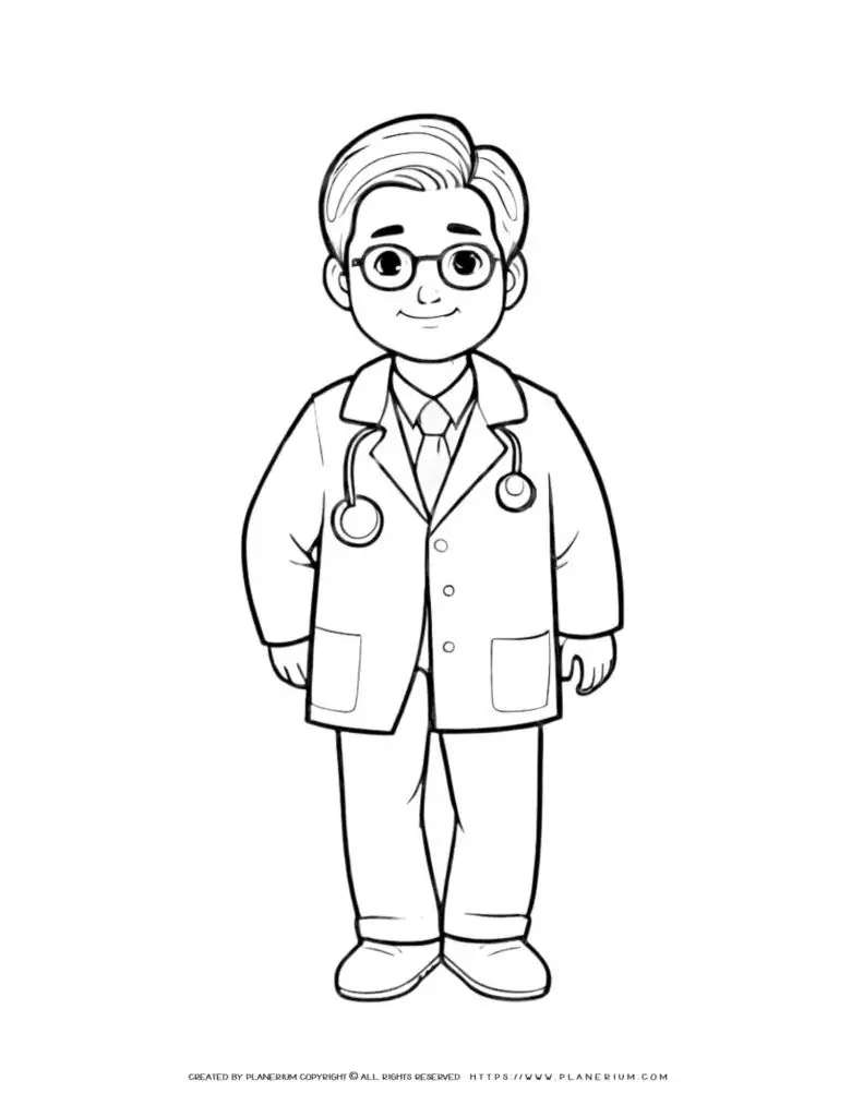 Comic doctor character with glasses standing outline coloring page for kids. Perfect for creative activities and entertainment.