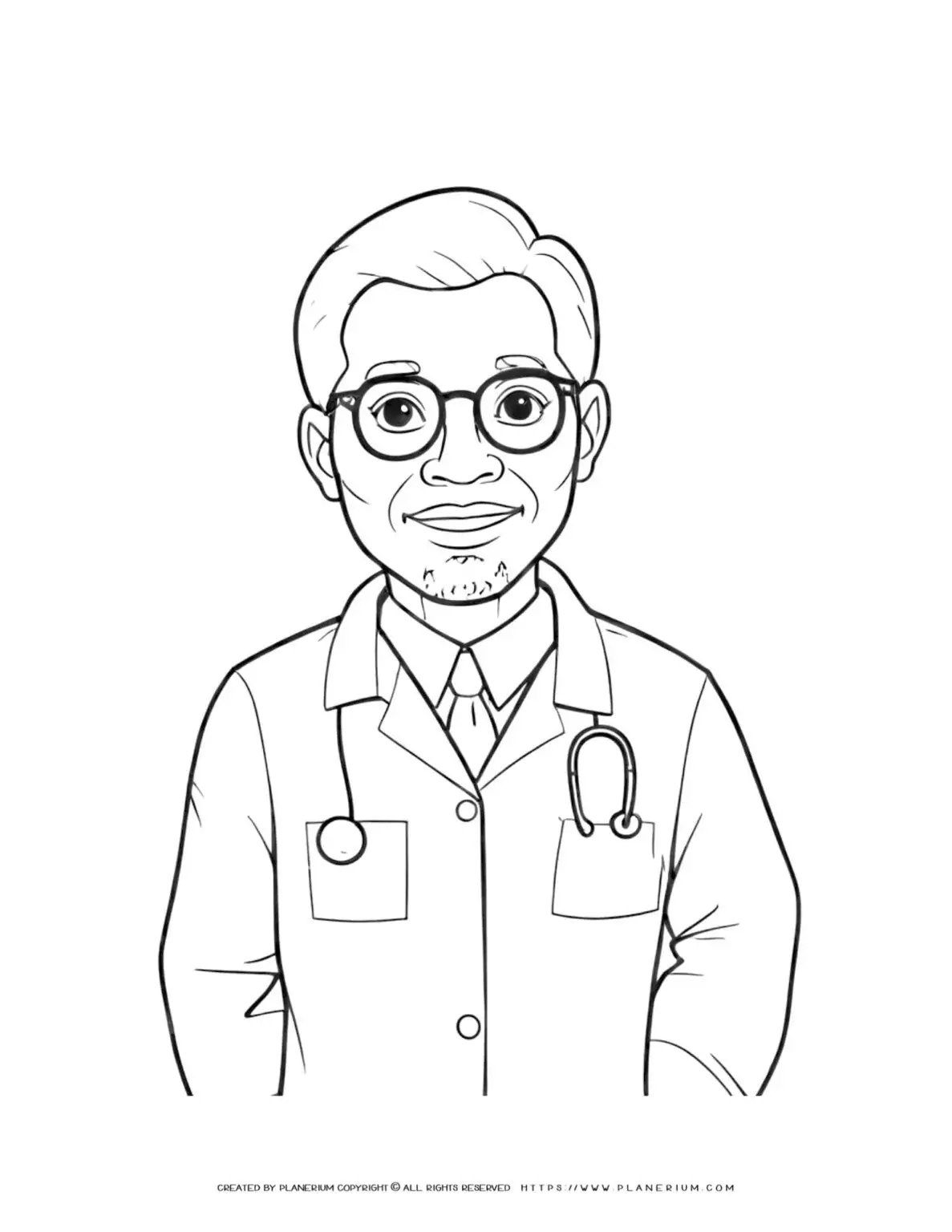 Comic character with glasses coloring page featuring a doctor. Perfect for kids and adults. Ideal for creative activities and entertainment.