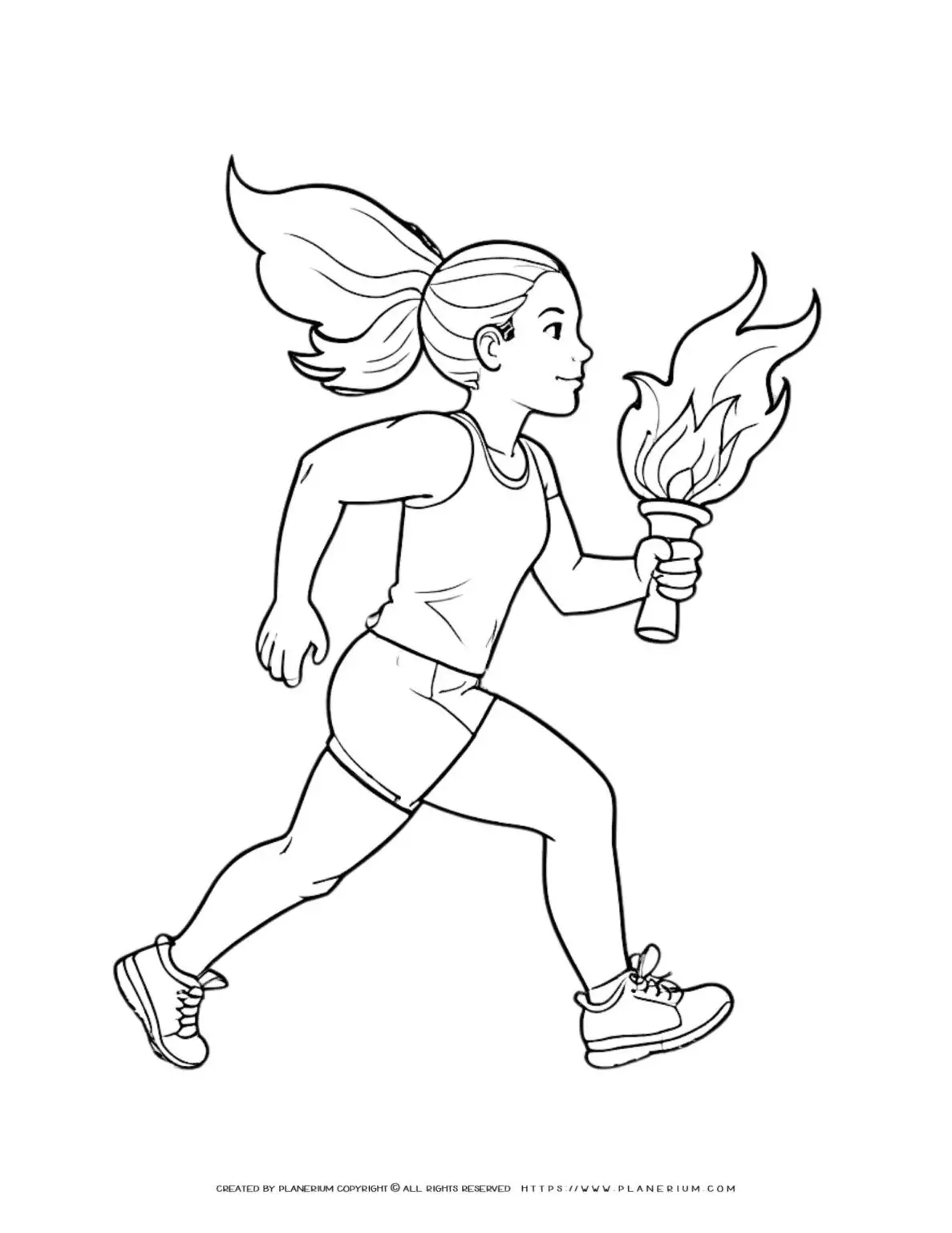 Coloring page of a female superhero running with a torch. Perfect for kids who love comics and action-packed scenes.